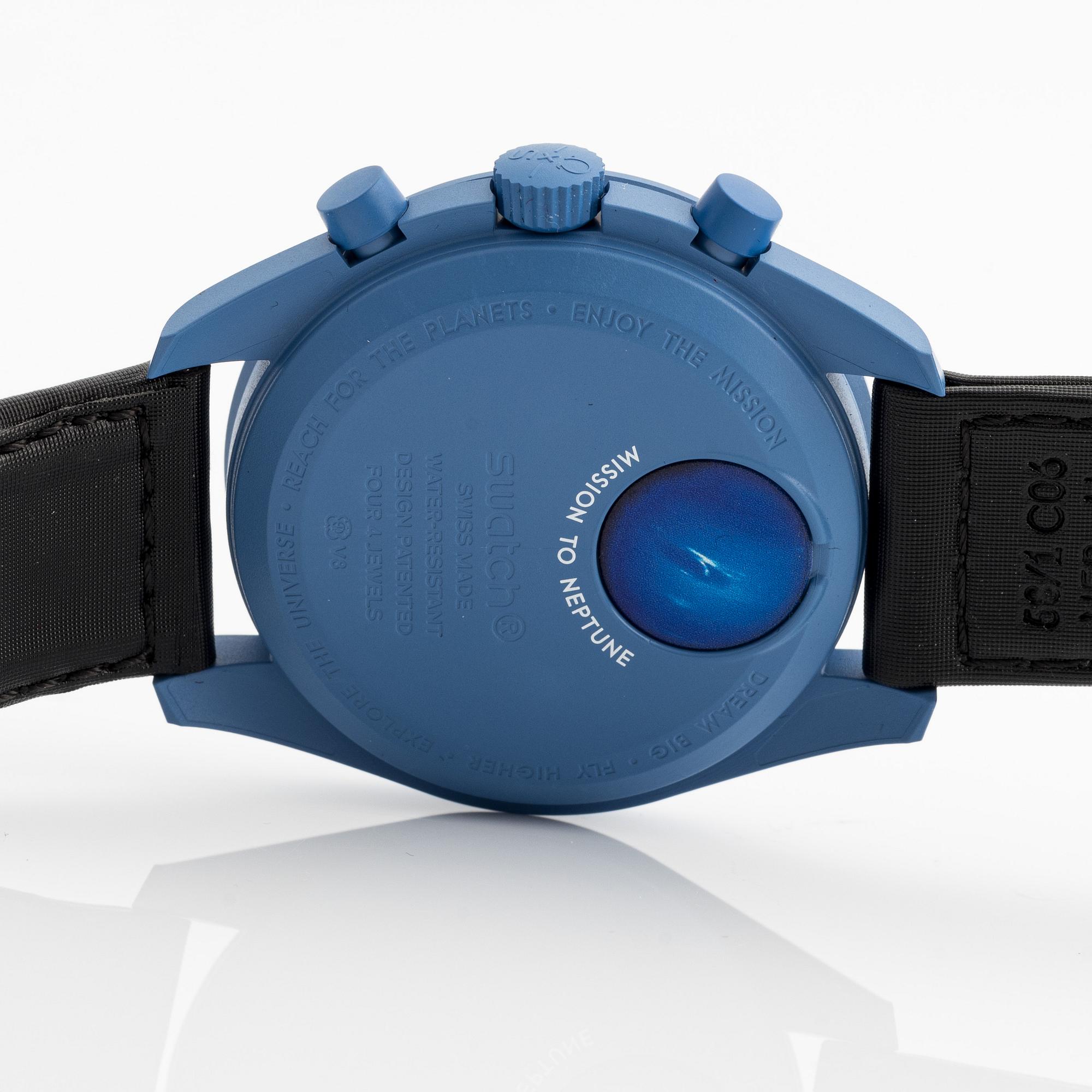Swatch/Omega, MoonSwatch, Mission to Neptune, chronograph, wristwatch, 42 mm.