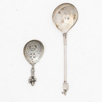Two unmarked silver spoons, Historicism.