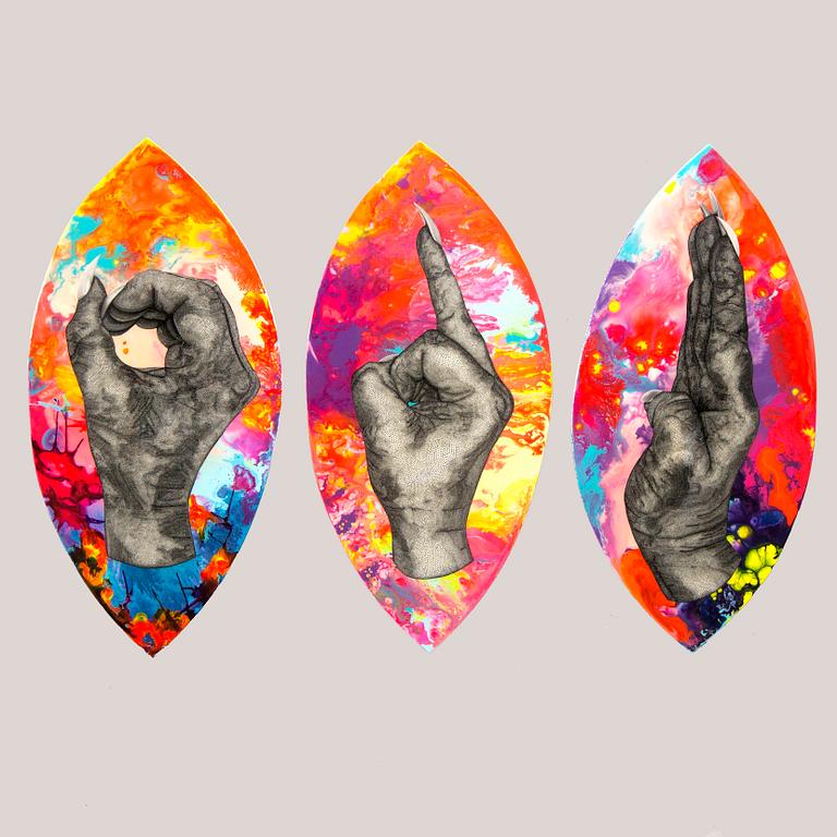 Carolina "Blue" Falkholt, triptych, mixed media on panel / board, signed on verso.