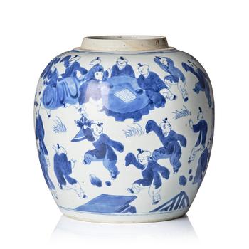 991. A blue and white 'boys' jar, Qing dynasty, Kangxi (1662-1722).