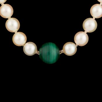 GAUDY, Necklace, cultured pearls, malachite and azurmalachite.