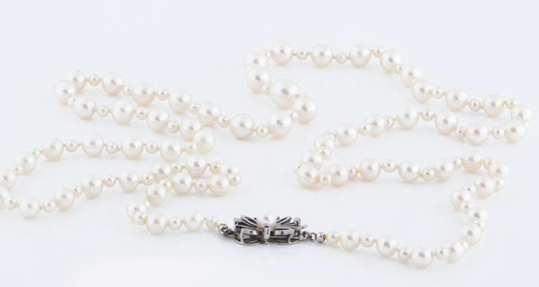 A cultured pearl necklace.