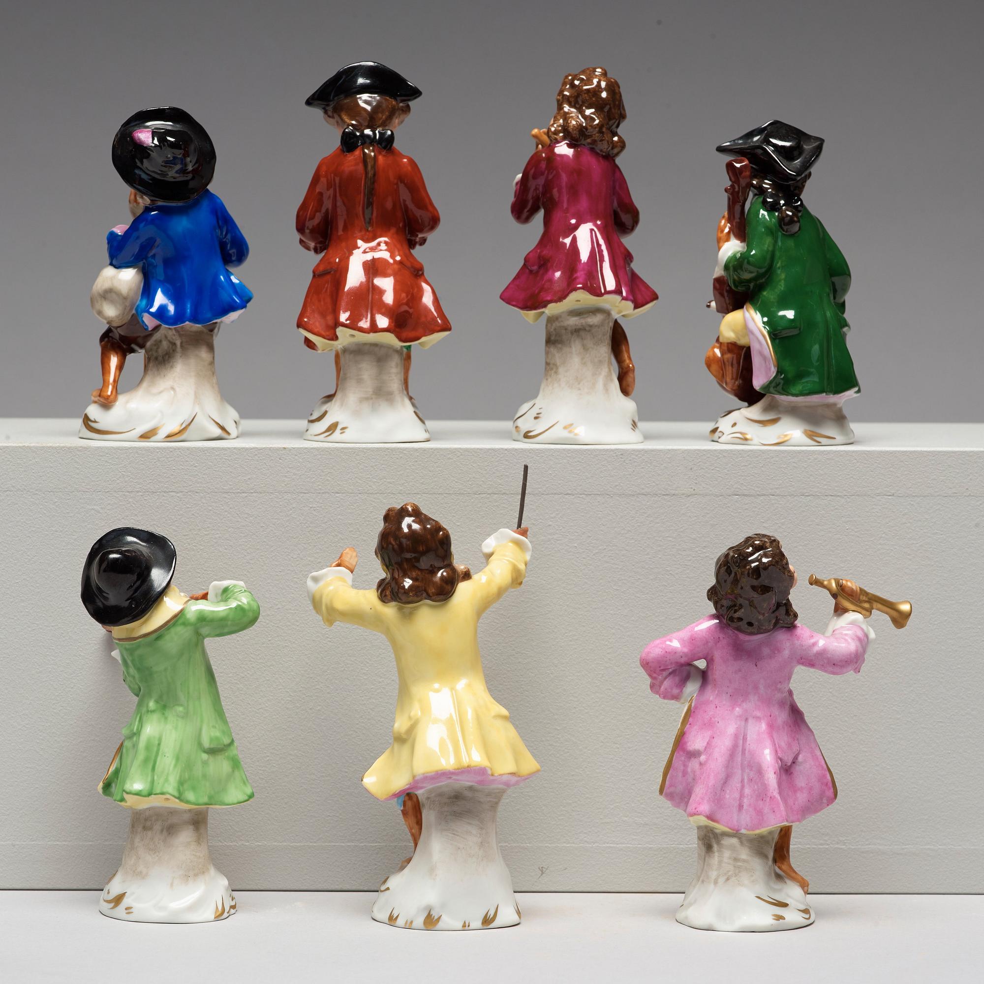 A group of seven 'Affenkapelle' porcelain figurines, Germany, Sitzendorf,  20th Century.