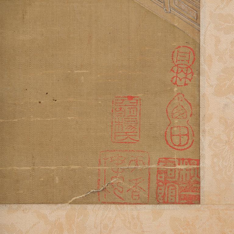 A Chinese scroll painting, ink and colour on silk, late Qing dynasty after Qiu Ying.