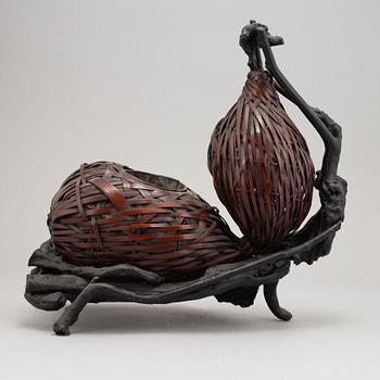 A double gourd shaped Hanakag 'Ikebana' bamboo basket for flower arrangement with stand, first half of the 20th century.