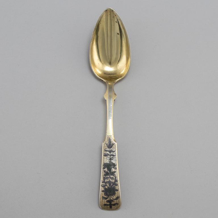 A Russian 19th century silver-gilt and niello spoon, unidentified makers mark, Moscow 1835.