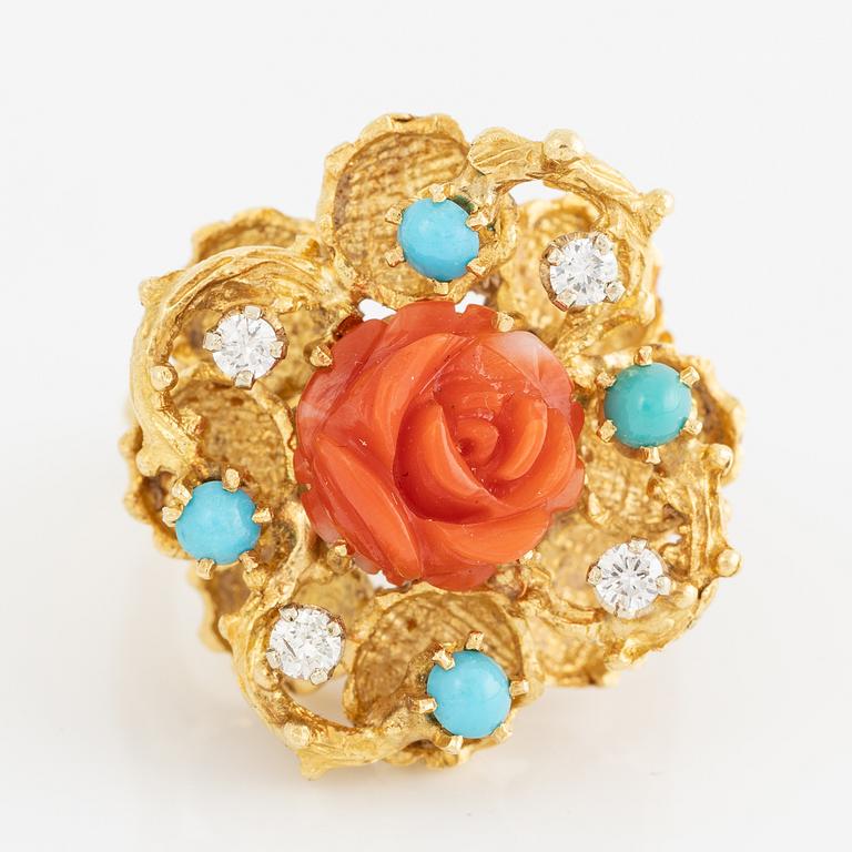 Ring, 18K gold with carved coral in the form of a rose, turquoise, and brilliant-cut diamonds.