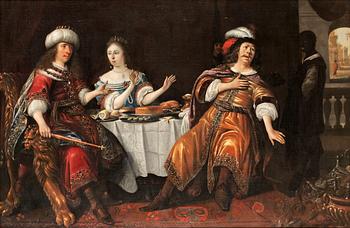 398. Anthonie Palamedesz. Attributed to, Scene with Ester, Haman and Ahasverus.