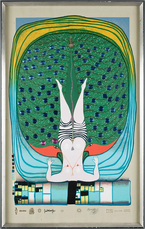 FRIEDENSREICH HUNDERTWASSER, färgserigrafi med metallprägling, sign, numr o dat i trycket, 12/4200, 1972.