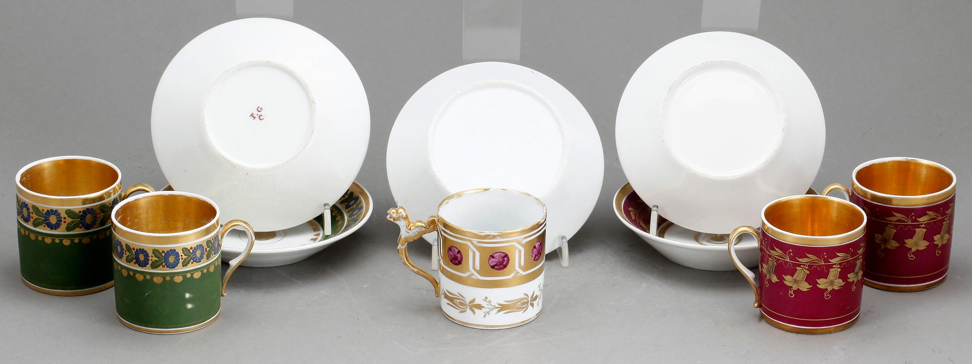 KOPPAR, 2+2+1 st, porslin, Empire, bla T.G.C, 1800-tal.