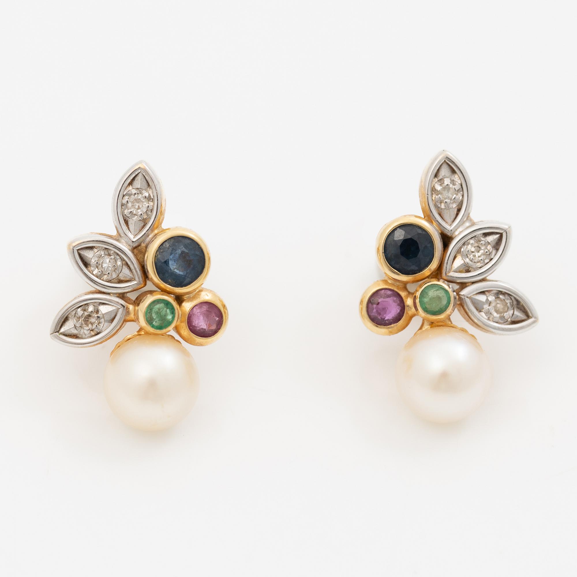 Necklace with matching earrings, 18K gold with pearls, diamonds, emeralds, rubies and sapphires.