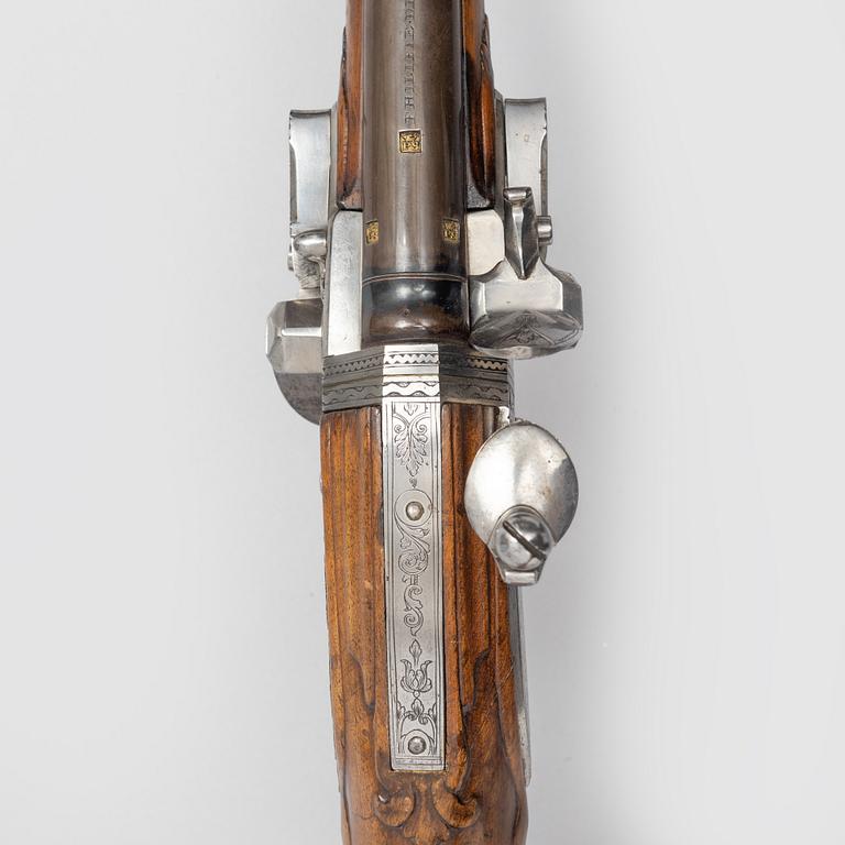 Flintlock rifle, double-barrel "wender" by Philippe de Sellier (1676-1740).