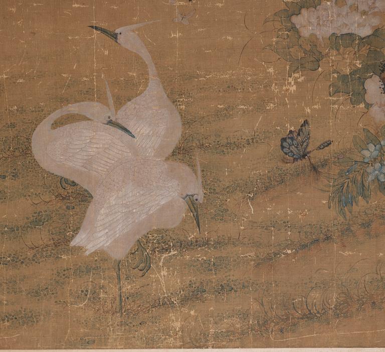 A painting with birds and butterflies in a flowering garden, Qing dynasty (1644-1912).