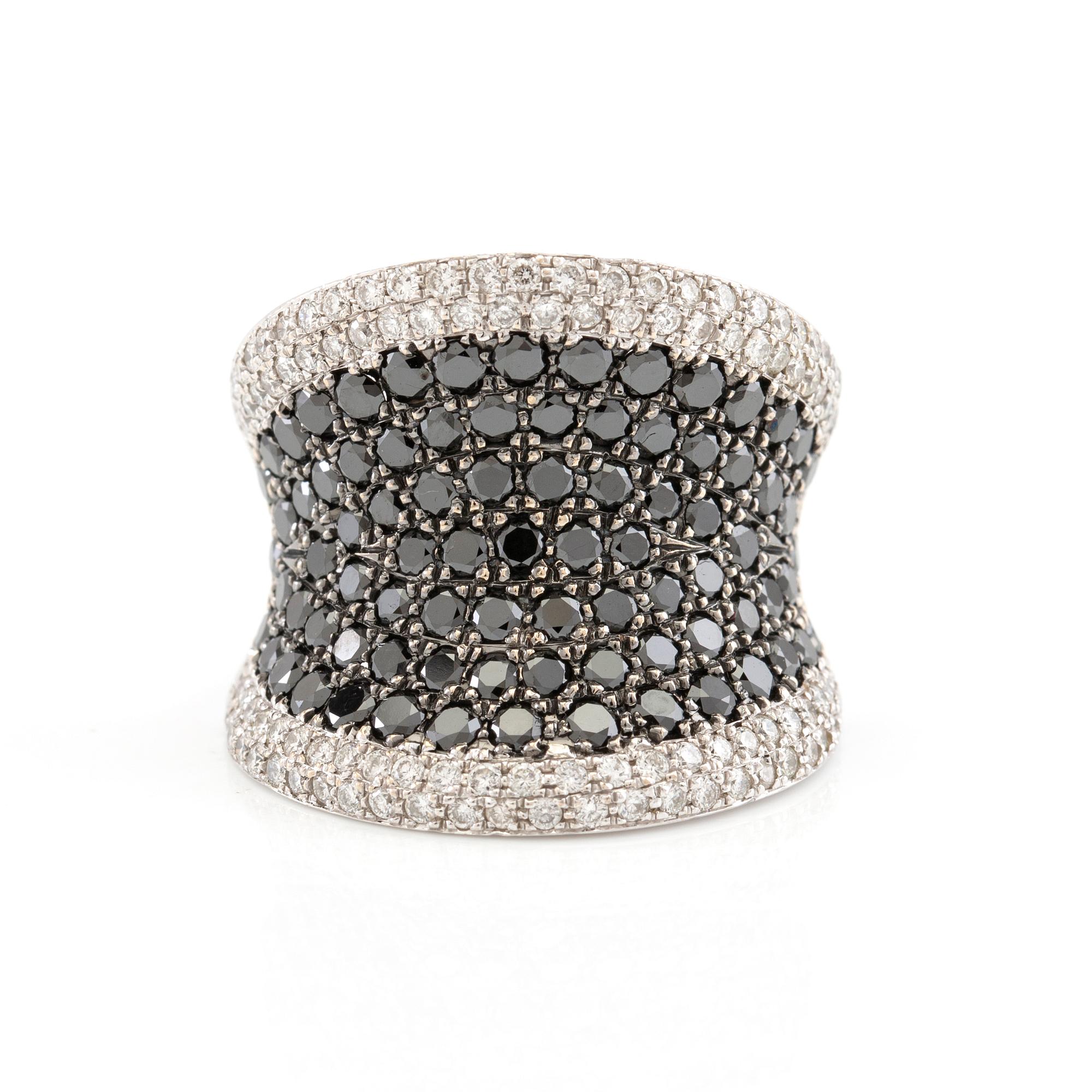 Ring in 18K white gold set with round brilliant-cut black and colourless diamonds.