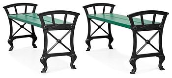 774. A pair of Folke Bensow cast iron park benches, lacquered in black and green, Näfveqvarns Bruk.