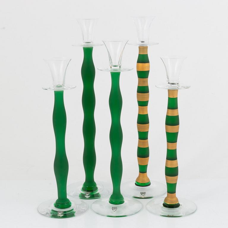 Anne Nilsson, five glass candlesticks, "Celeste", Orrefors.