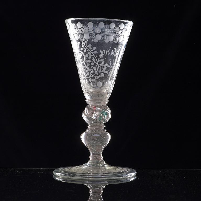 A German cut and engraved glass goblet, 18th Century.
