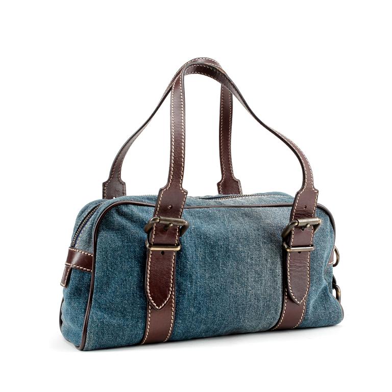 FENDI, a denim and brown leather shoulder bag.