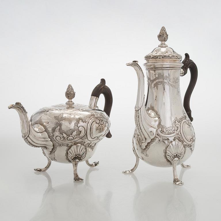 Kaffe- och teservis, 4 delar, silver, rokoko, Portugal, 1780-tal, olika silversmeder.