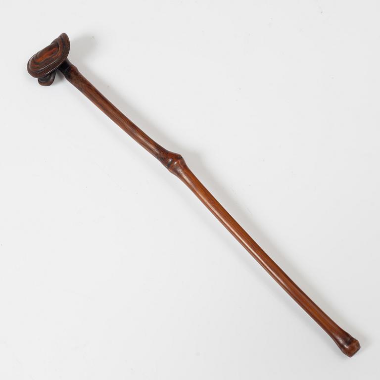 A hardwood bamboo shaped brushpot with a sceptre, China, 20th century.