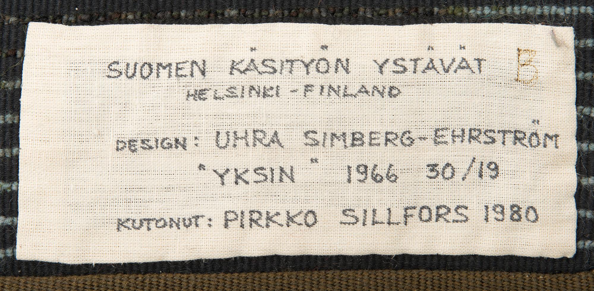 UHRA-BEATA SIMBERG-EHRSTRÖM, ryijy /ryijymatto, Suomen käsityön ystävät. Noin 155x125 cm.
