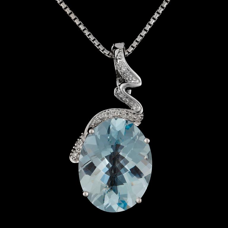 A checker cut aquamarine, ca 12.09 cts, and diamond, ca 0.1 ct, pendant.