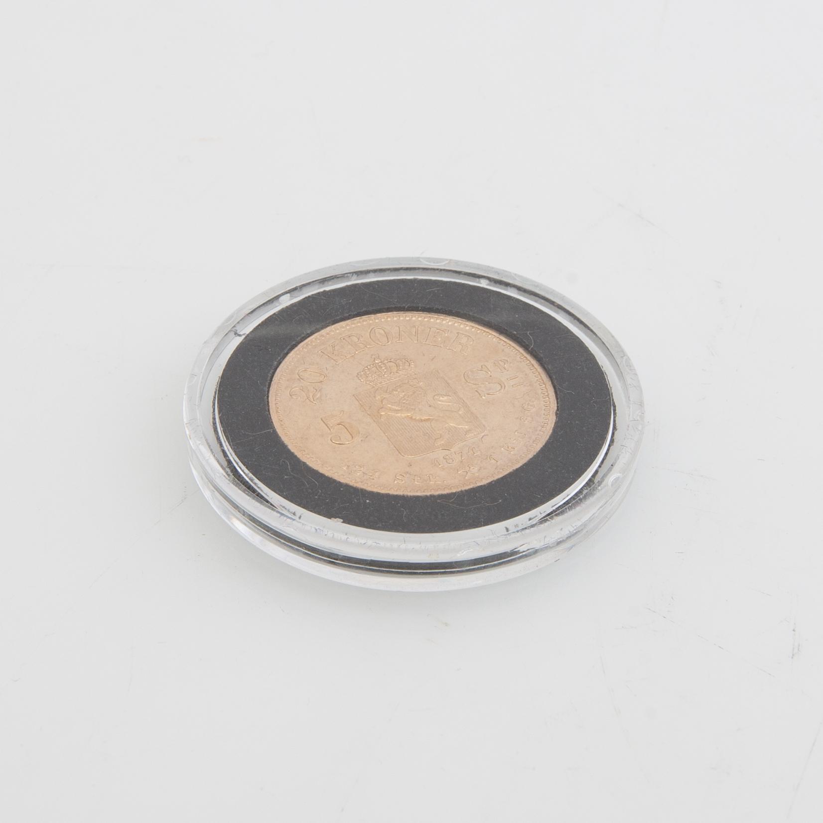 Guldmynt Norge, Oscar II 20 kr 5 Speciedaler, 1874.