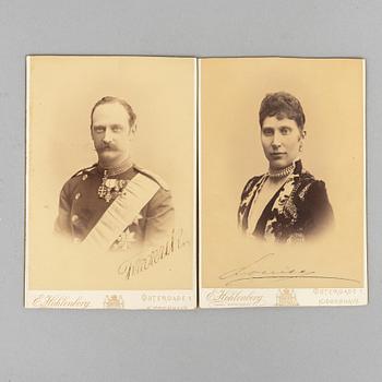 Royal photographs, 2 pieces, signed by Queen Louise and King Frederick VIII of Denmark as Crown Prince couple.1897.