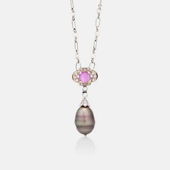 1043. An Art Deco natural saltwater pearl and Burmese pink star sapphire pendant.