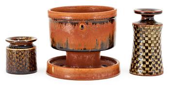 502. Two Stig Lindberg stoneware vases and a bowl, Gustavsberg studio 1964-1968.