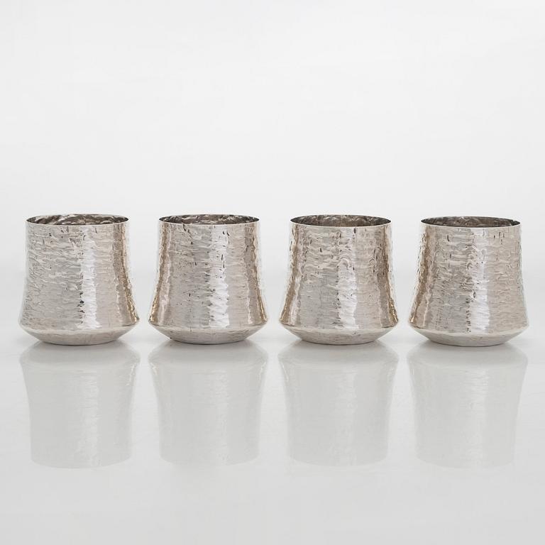 Tapio Wirkkala, four silver beakers, and a rosewood and sterling silver tray, Kultakeskus, Hämeenlinna 1973-74.