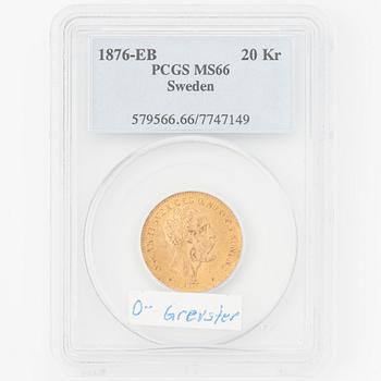 Gold coin, Oscar II, 20 kronor, type II, Sweden 1876.