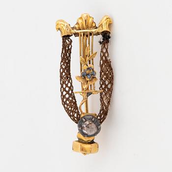 1800's brooch, hair, gold and rose-cut diamond.