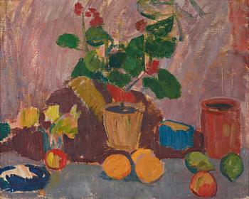 407. Karl Isakson, Stilleben med blomma och frukter.