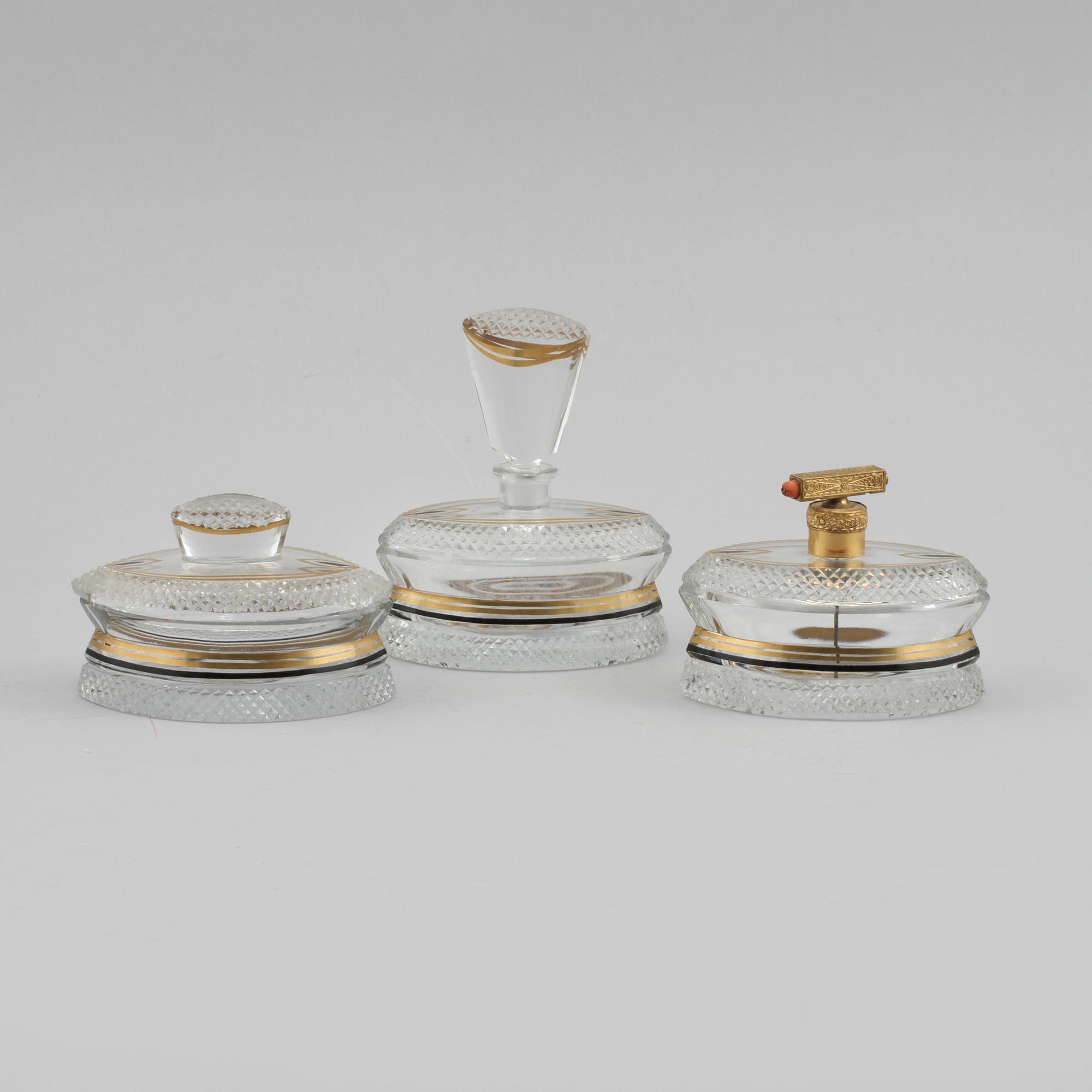 TOALETTSET, 3 delar, glas, 1900-talets första kvartal.