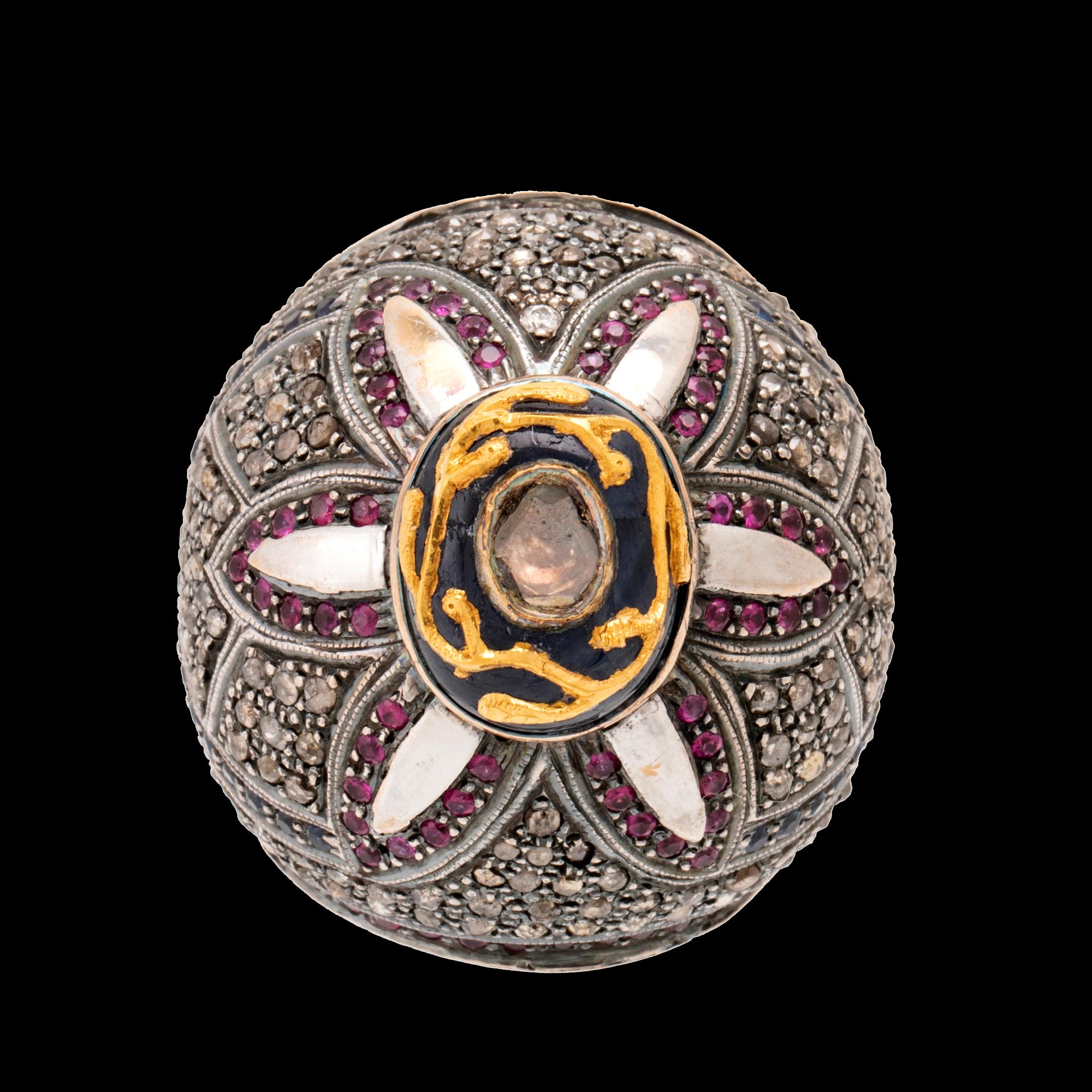 Ring/Cocktail ring in white and yellow gold with diamonds and coloured stones, Gem Palace Jaipur India.