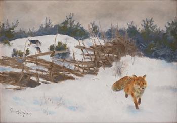 364. Bruno Liljefors, Winter scene with fox and hounds.