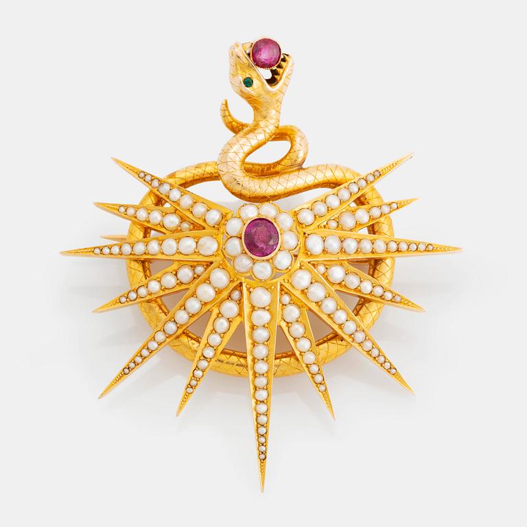 An 18K gold brooch set with two rubies, one of them likely synthetic, and pearls.