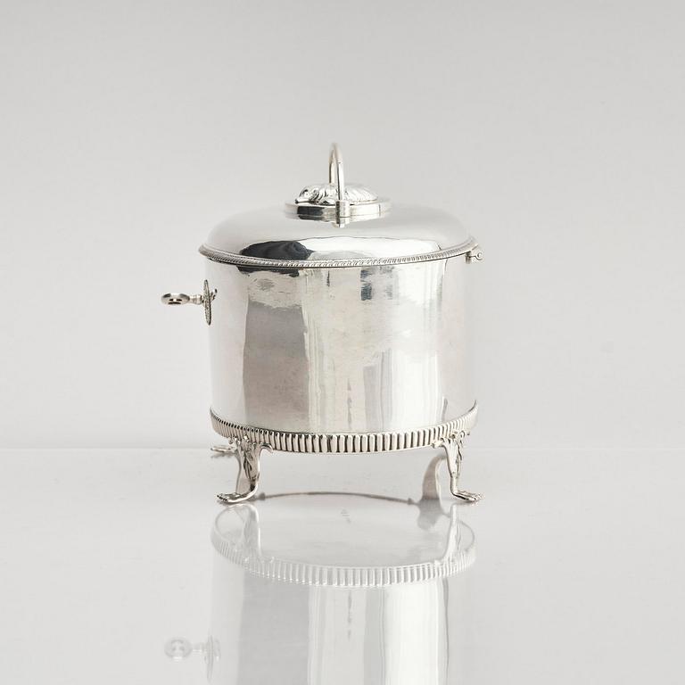 A Swedish 19th century silver sugar-casket and tong, marks of Adolf Zethelius, Stockholm 1819.