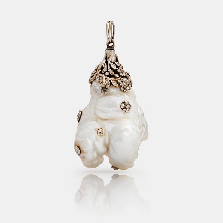 A pendant of a baroque shaped, natural pearl, decorated with rose cut diamonds.