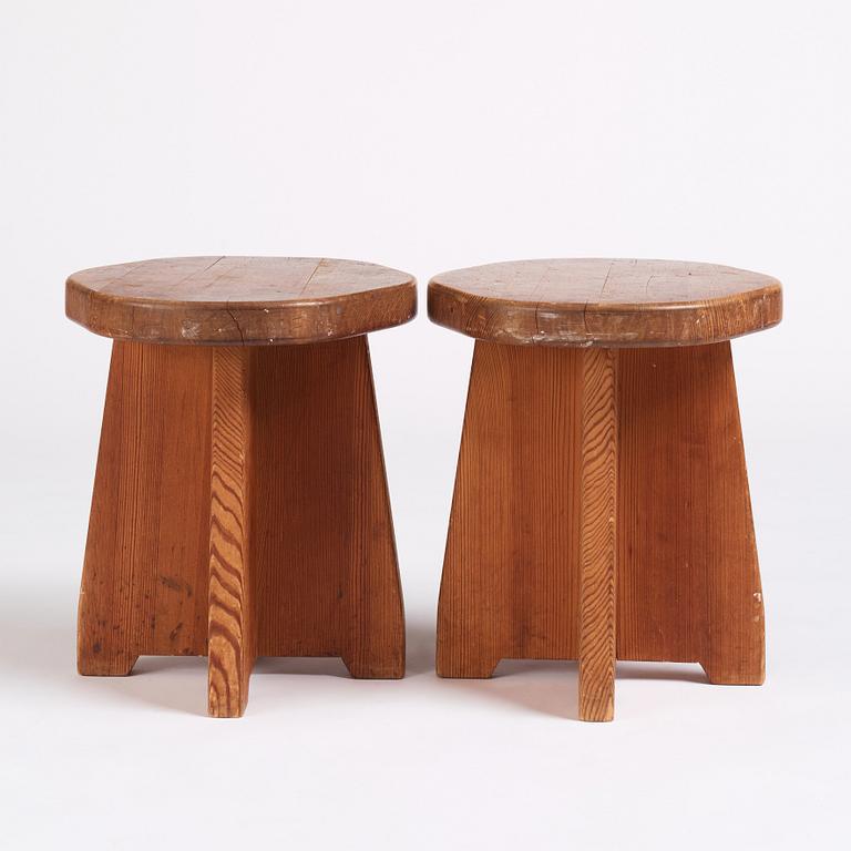 David Rosén, two 'Berga' stained pine stools, Nordiska Kompaniet, Sweden 1940s.