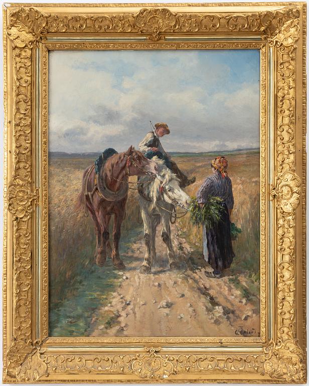 Léon Georges Calvès, Harvest motif with horses and two figures.