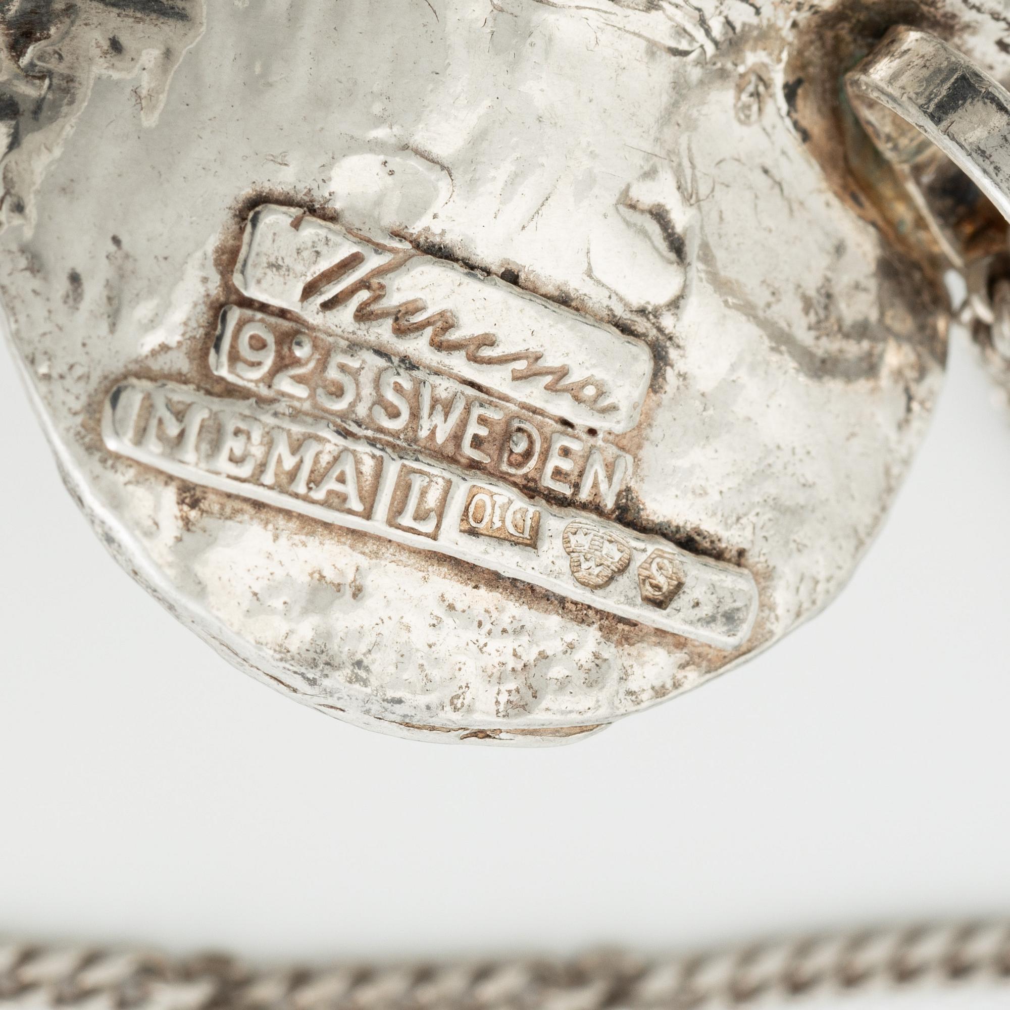 Theresia Hvorslev, bracelet, ring, pendant, earrings, 1 pair, sterling silver, chain, silver, Lidköping 1977, 1976, 1978 and 1973.