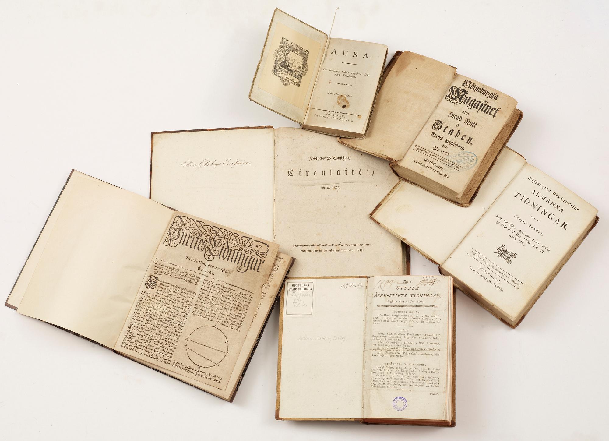 BÖCKER, 6 vol, bla "Götheborgska Magasinet och hwad nytt i staden" Göteborg 1761.