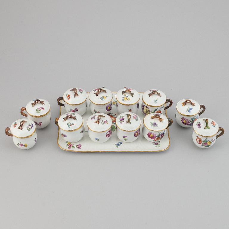 Twelve cream cups with tray, 'Saxon flowers' from Royal Copenhagen.