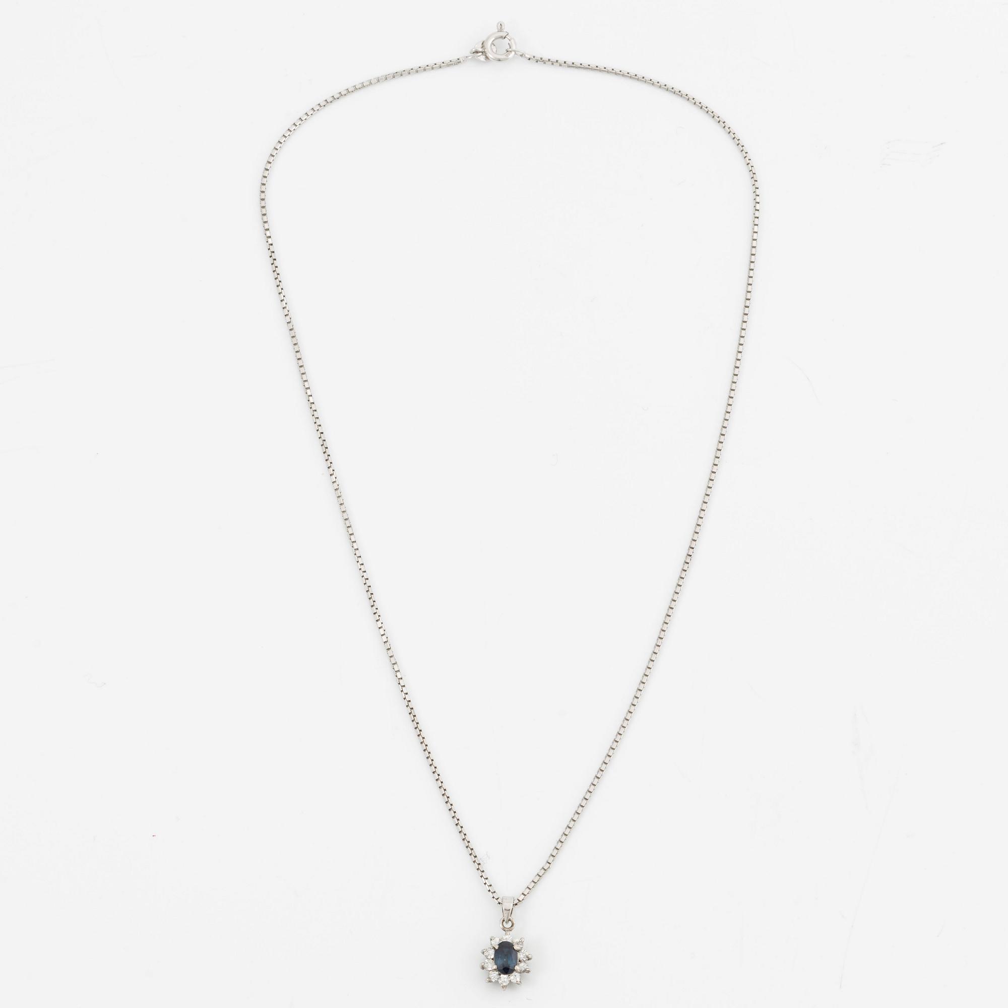 Earrings, a pair and a pendant with chain, silver.