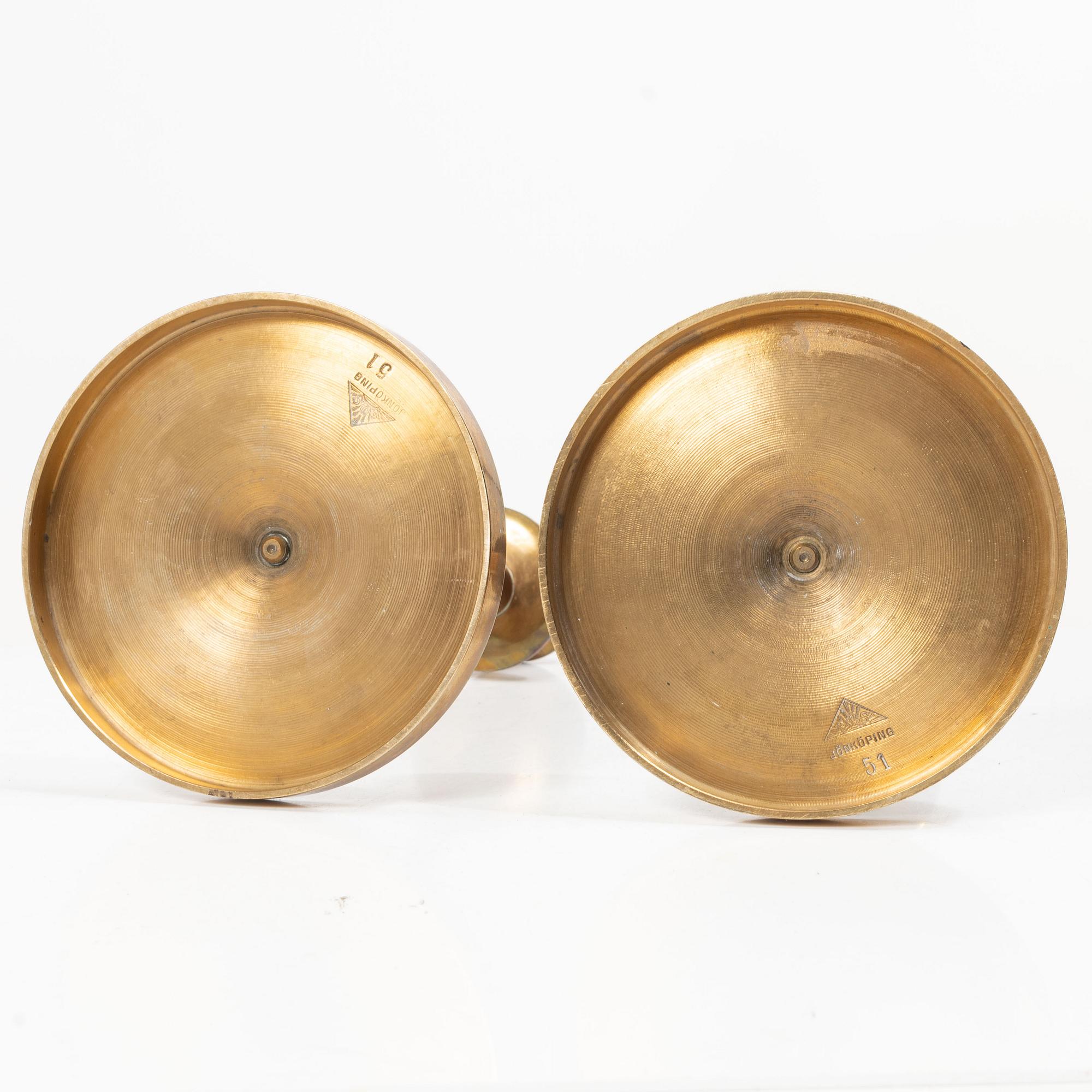 A pair of brass candlesticks, no. 51, EOS Jönköping, 20th century.