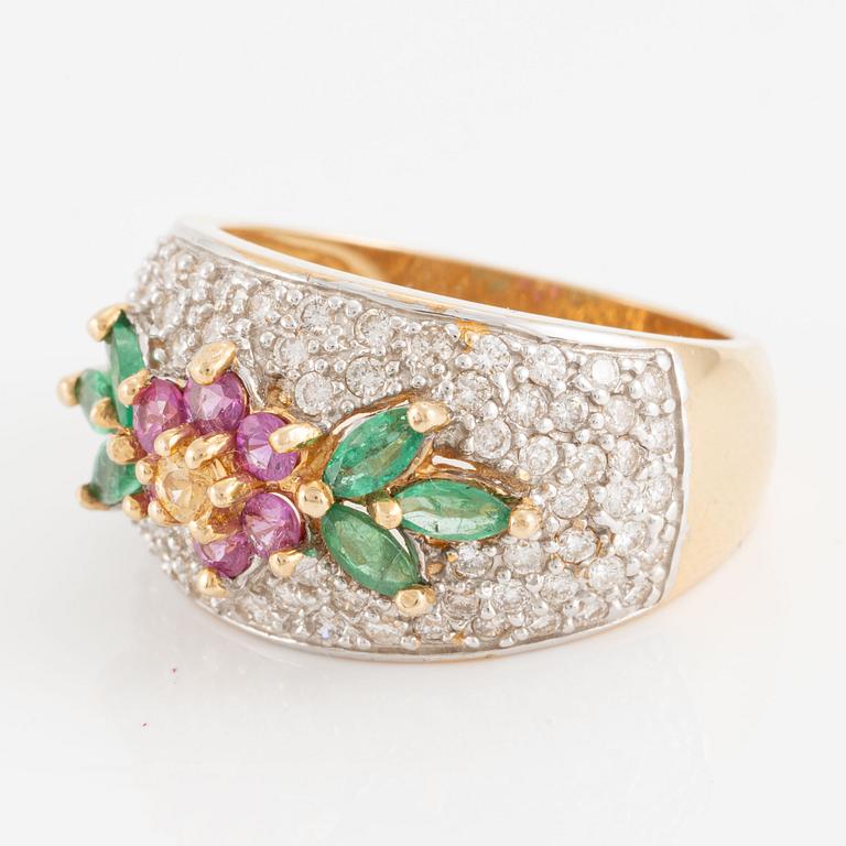 Ring, 14K gold with small brilliant-cut diamonds, emeralds, and pink stones.