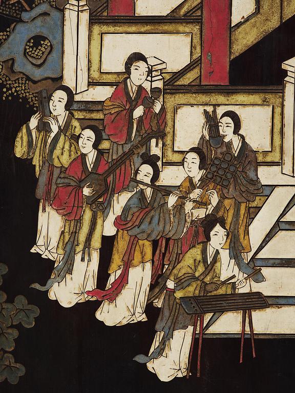 A Chinese four panel lacquer folding screen, first part of the 20th century.