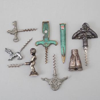 Six metal corkscrews, 20th century.